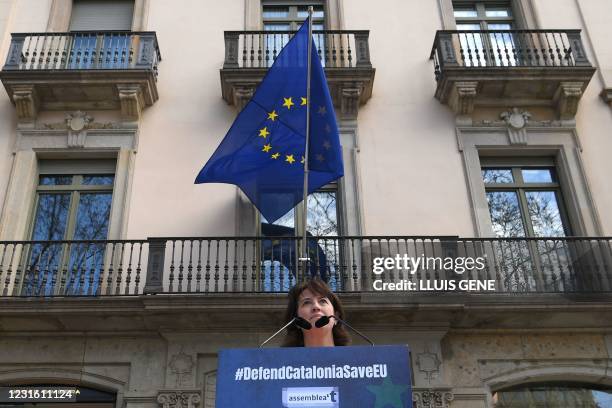 Elisenda Paluzie, president of the Catalan National Assembly gives a press conference in front of the European Commission headquarters in Barcelona...