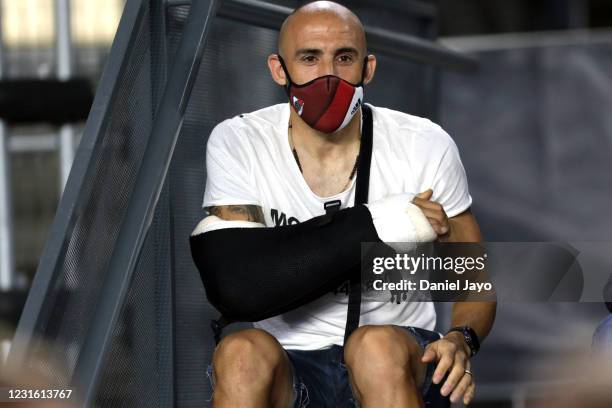 Javier Pinola of River Plate looks on from the stands match between River Plate and Argentinos Juniors as part of Copa De La Liga Profesional 2021 at...