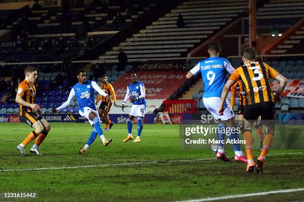 Reece Brown of Peterborough United scores the opening goal during the Sky Bet League One match between Peterborough United and Hull City at Weston...