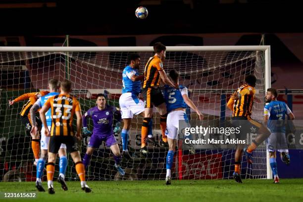 Reece Burke of Hull City scores a goal to make it 1-1 during the Sky Bet League One match between Peterborough United and Hull City at Weston Homes...