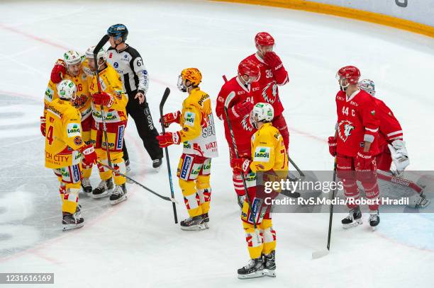 Damien Brunner of EHC Biel celebrates his goal with teammates during the Swiss National League game between Lausanne HC and EHC Biel-Bienne at...