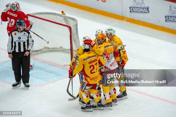 Damien Brunner of EHC Biel celebrates his goal with teammates during the Swiss National League game between Lausanne HC and EHC Biel-Bienne at...