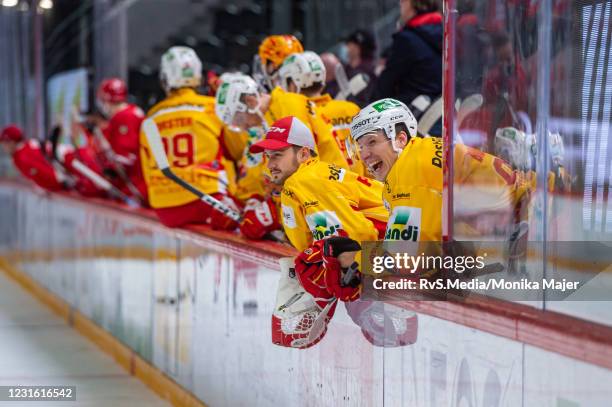 Damien Brunner of EHC Biel celebrates his goal on the bench during the Swiss National League game between Lausanne HC and EHC Biel-Bienne at Vaudoise...