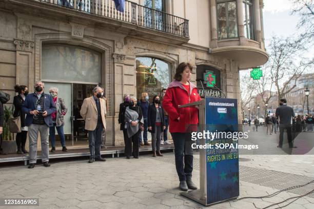 Elisenda Paluzie, president of the Catalan National Assembly seen speaking during the press conference. The Catalan National Assembly , organization...