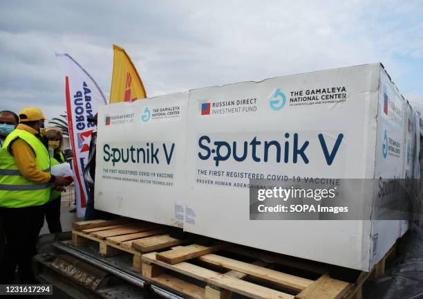Containers with the vaccines seen during a ceremony to mark the arrival of 30,000 doses of the Sputnik V vaccine shipment at Tunis-Carthage...