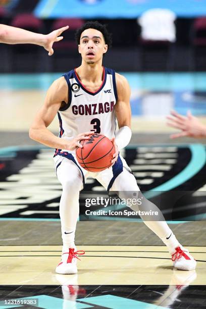 Gonzaga guard Andrew Nembhard gets ready to shoot during the semifinal game of the men's West Coast Conference basketball tournament between the St....