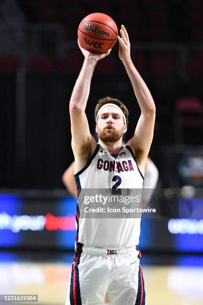 Gonzaga forward Drew Timme shoots a free throw during the semifinal game of the men's West Coast Conference basketball tournament between the St....