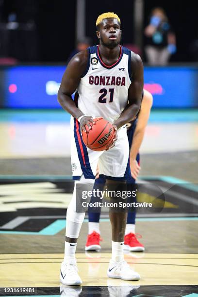 Gonzaga center Oumar Ballo shoots a free throw during the semifinal game of the men's West Coast Conference basketball tournament between the St....