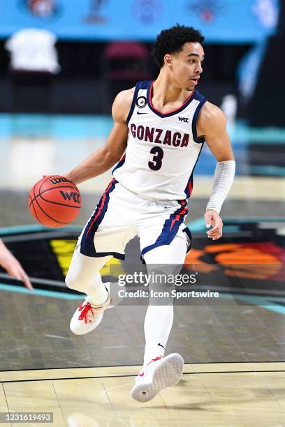 Gonzaga guard Andrew Nembhard drives to the basket during the semifinal game of the men's West Coast Conference basketball tournament between the St....