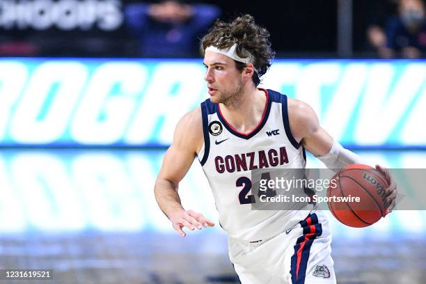 Gonzaga forward Corey Kispert drives to the basket during the semifinal game of the men's West Coast Conference basketball tournament between the St....