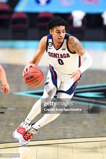 Gonzaga guard Julian Strawther drives to the basket during the semifinal game of the men's West Coast Conference basketball tournament between the...