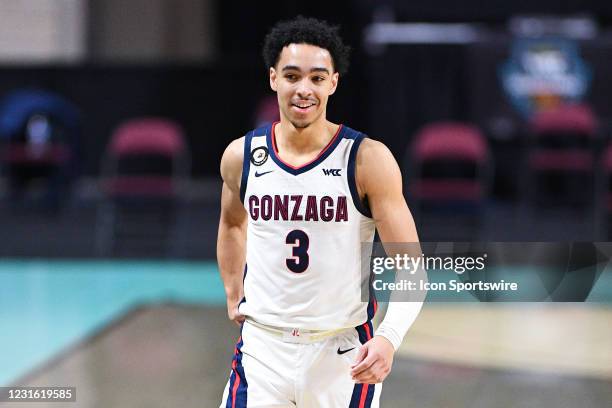 Gonzaga guard Andrew Nembhard looks on during the semifinal game of the men's West Coast Conference basketball tournament between the St. Mary's...