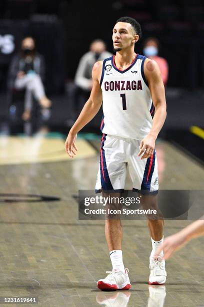 Gonzaga guard Jalen Suggs looks on during the semifinal game of the men's West Coast Conference basketball tournament between the St. Mary's Gaels...