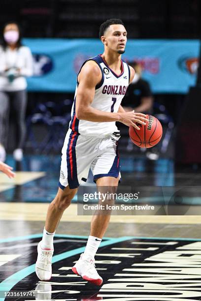 Gonzaga guard Jalen Suggs dribbles up the court during the semifinal game of the men's West Coast Conference basketball tournament between the St....