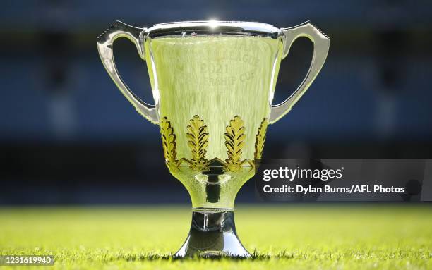 The premiership cup is seen during the 2021 AFL Captains Day at Marvel Stadium on March 10, 2021 in Melbourne, Australia.