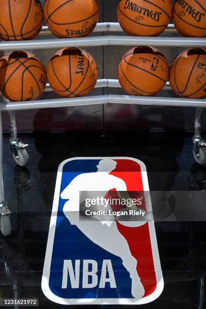 The NBA logo before the game between Oklahoma City Thunder and San Antonio Spurs on March 4, 2021 at the AT&T Center in San Antonio, Texas. NOTE TO...