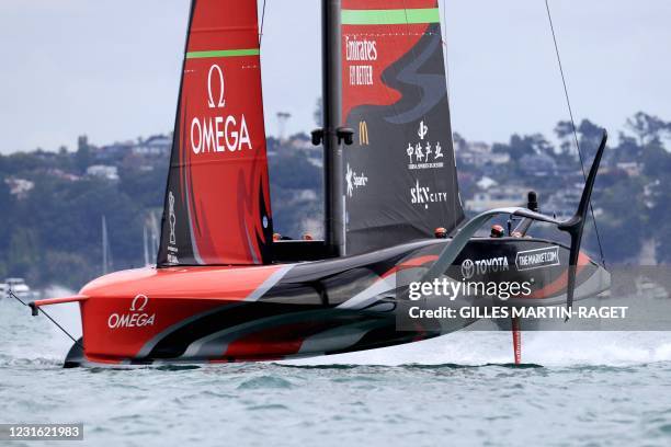 Emirates Team New Zealand competes against Luna Rossa Prada Pirelli on day one, race one of the 36th America's Cup in Auckland on March 10, 2021.