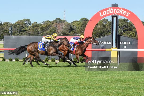 Pale King ridden by Craig Williams wins the Clanbrooke Racing Handicap at Ladbrokes Park Lakeside Racecourse on March 10, 2021 in Springvale,...