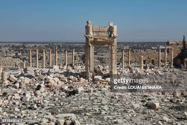 Picture shows a partial view of the damaged Temple of Bel, in Syria's Roman-era ancient city of Palmyra on February 7 in the country's central...