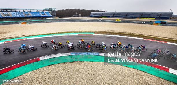 Competitors in a peloton ride in the Healthy Aging Tour cycling race for elite women at the TT Circuit in Assen on March 10, 2021. - Netherlands OUT...