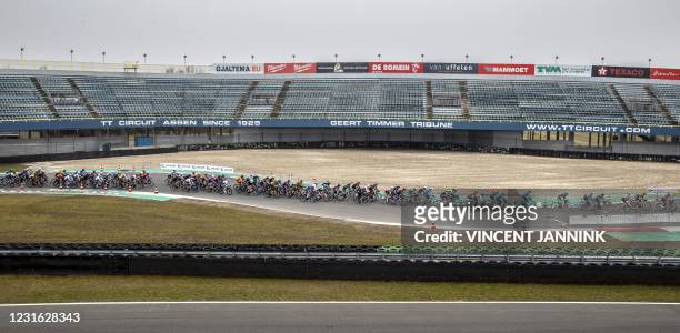 Competitors ride in the Healthy Aging Tour cycling race for elite women at the TT Circuit in Assen on March 10, 2021. - Netherlands OUT / Netherlands...