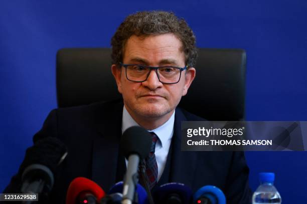 French prosecutor for the Val d'Oise department Eric Corbaux gives a press conference following the death of a 14-year-old girl whose beaten body was...