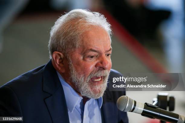 Luiz Inacio Lula da Silva, Brazil's former president, speaks during a press conference after convictions against him were annulled at the Sindicato...