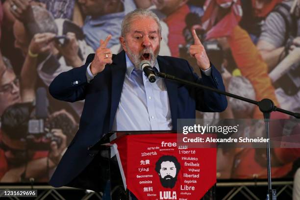 Luiz Inacio Lula da Silva, Brazil's former president, speaks during a press conference after convictions against him were annulled at the Sindicato...