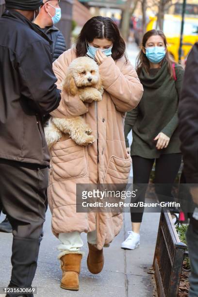Selena Gomez is seen at the film set of the "Only Murders in the Building" TV series on March 10, 2021 in New York City.