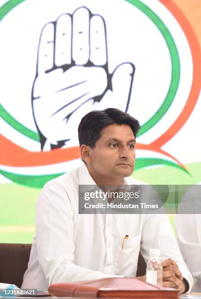 Congress Party Leader and member of Parliament Deepender Singh Hooda, addressing media persons on the issue of Petroleum produced prize and former...