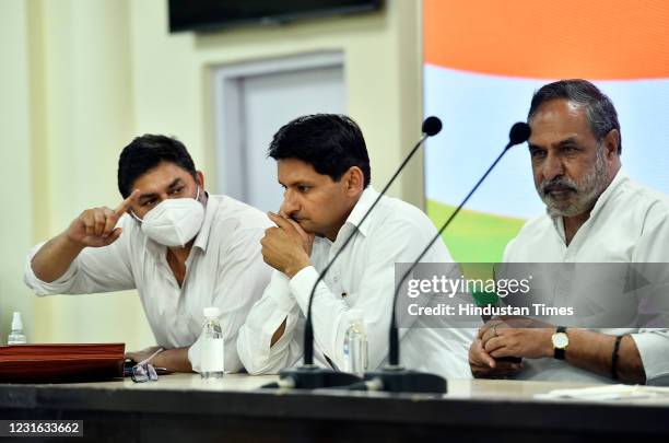 Congress Party leader Anand Sharma Depender Hooda, and others during a press conference at AICC on March 10, 2021 in New Delhi, India. The Congress...