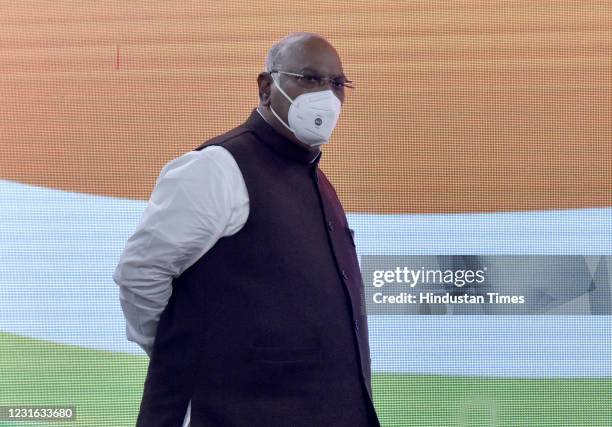 Congress Party Leader and member of Parliament Mallikarjun Kharge, arrive for addressing media persons on the issue of Petroleum produced prize and...