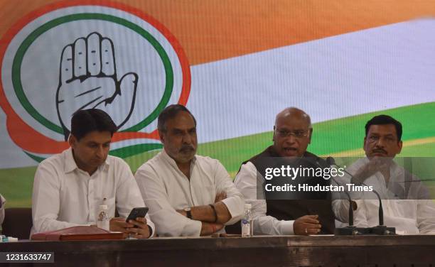 Congress Party Leader and member of Parliament Mallikarjun Kharge, Anand Sharma, Akhilesh P Singh, Deepender Singh Hooda, addressing media persons on...