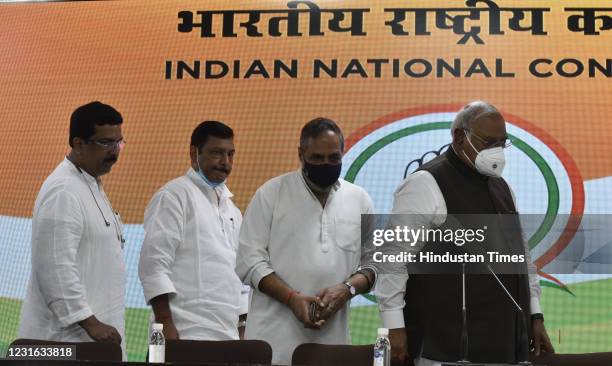 Congress Party Leader and member of Parliament Mallikarjun Kharge, Anand Sharma, Akhilesh P Singh, and Syed Naseer Hussain arrive for addressing...