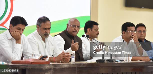 Congress Party Leader and member of Parliament Mallikarjun Kharge, Anand Sharma, Akhilesh P Singh, Deepender Singh Hooda, and Syed Naseer Hussain...