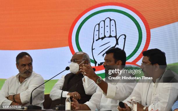 Congress Party Leader and member of Parliament Mallikarjun Kharge, Anand Sharma, Akhilesh P Singh, and Syed Naseer Hussain addressing media persons...