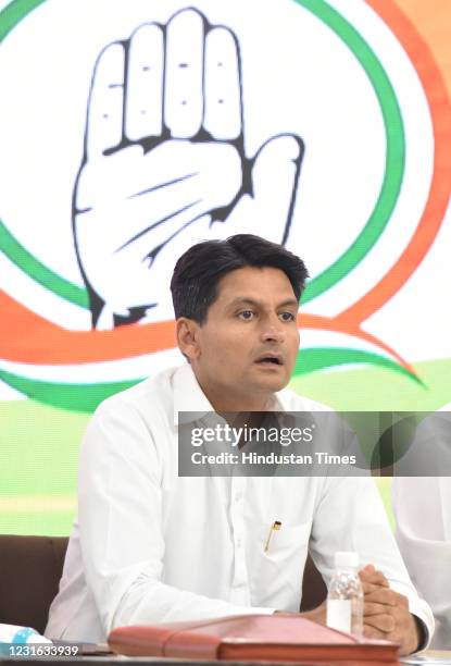 Congress Party Leader and member of Parliament Deepender Singh Hooda, addressing media persons on the issue of Petroleum produced prize and former...