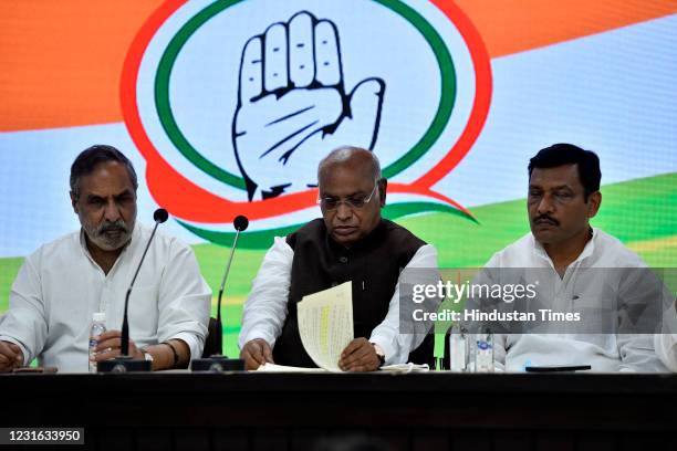 Congress Party leaders Mallikarjun Kharge , Anand Sharma Depender Hooda, and others during a press conference at AICC on March 10, 2021 in New Delhi,...