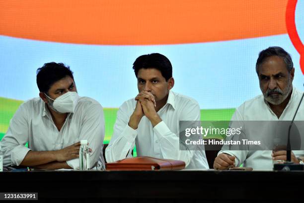 Congress Party leader Anand Sharma Depender Hooda, and others during a press conference at AICC on March 10, 2021 in New Delhi, India. The Congress...