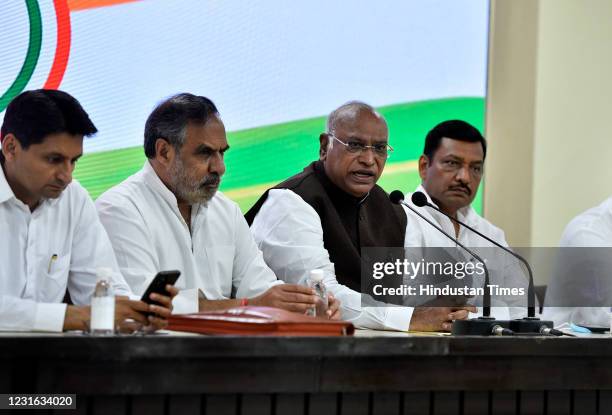 Congress Party leaders Mallikarjun Kharge , Anand Sharma Depender Hooda, and others during a press conference at AICC on March 10, 2021 in New Delhi,...
