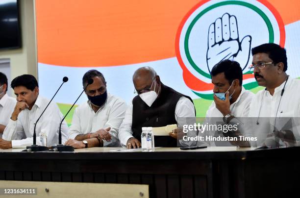 Congress Party leaders Mallikarjun Kharge , Anand Sharma and others during a press conference at AICC on March 10, 2021 in New Delhi, India. The...