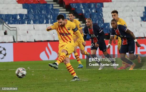 Lionel Messi of FC Barcelona shoot a penalty during the UEFA Champions League Round of 16 match between Paris Saint-Germain and FC Barcelona at Parc...
