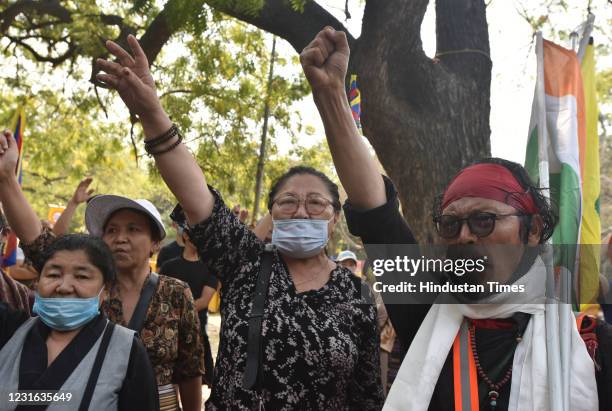 Tibetan Writer and activist Tenzin Tsundue participate in a protest to commemorate the anniversary of the 1959 Tibetan uprising against Chinese rule...