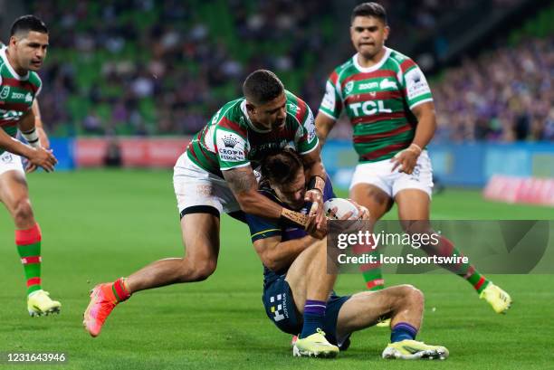 Dane Gagai of the Rabbitohs tackles Ryan Papenhuyzen of the Storm during the round 1 NRL match between the Melbourne Storm and South Sydney Rabbitohs...