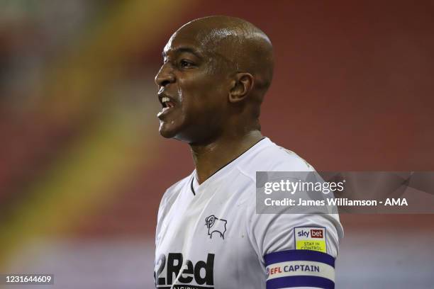 Andre Wisdom of Derby County during the Sky Bet Championship match between Barnsley and Derby County at Oakwell Stadium on March 10, 2021 in...