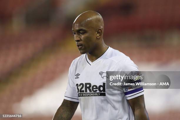 Andre Wisdom of Derby County during the Sky Bet Championship match between Barnsley and Derby County at Oakwell Stadium on March 10, 2021 in...