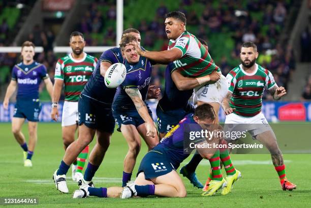 Latrell Mitchell of the Rabbitohs releases the ball during the round 1 NRL match between the Melbourne Storm and South Sydney Rabbitohs at AAMI Park...