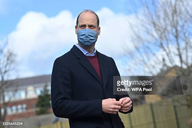 Prince William, Duke of Cambridge visits School 21 in Stratford on March 11, 2021 in London, England. The Duke and Duchess of Cambridge visited the...