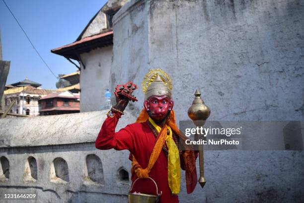 Man impersonate as Hanuman during Maha Shivaratri at Kathmandu, Nepal on Thursday, March 11, 2021. Less number of Hindu Sadhu or Holy man from India...