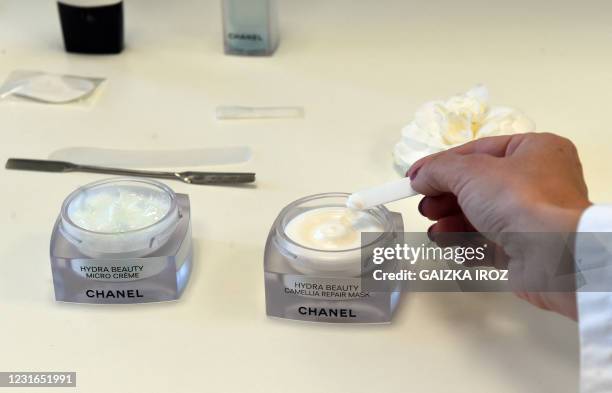 Picture shows containers of Chanel creams made from camellia flower at the Chanel fashion house camellia farm in Gaujacq, French southwestern Landes...